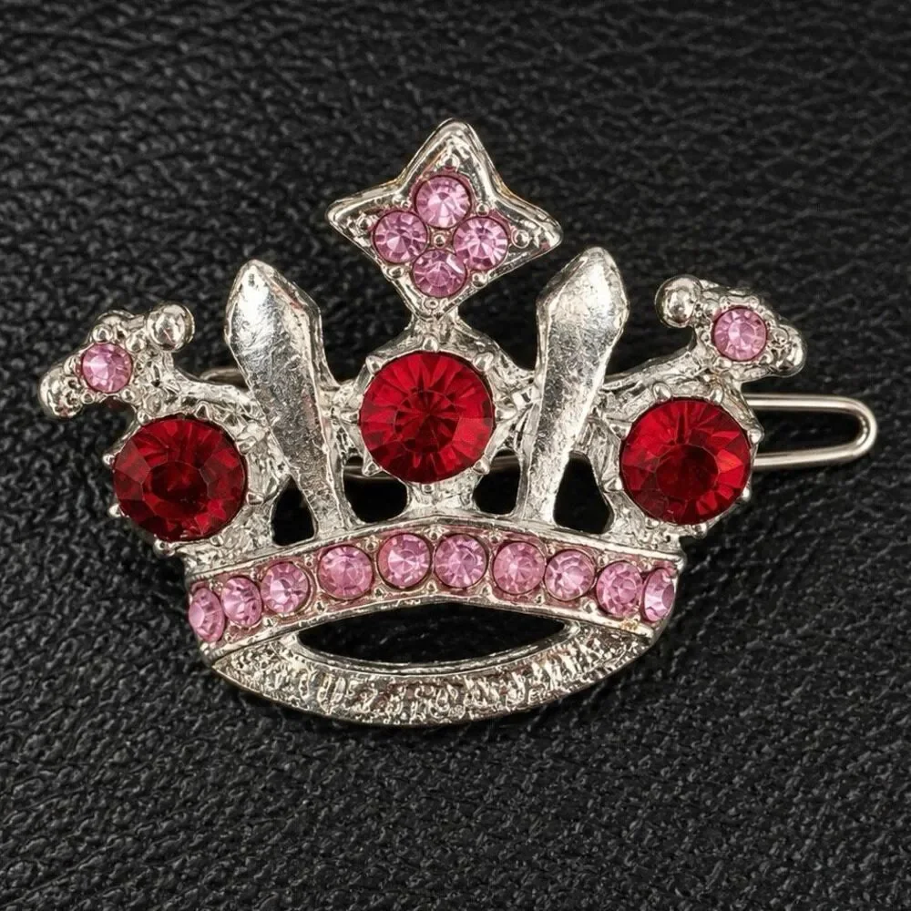 Vintage Crown & Marbled Enamel Barrette Pair Rhinestones